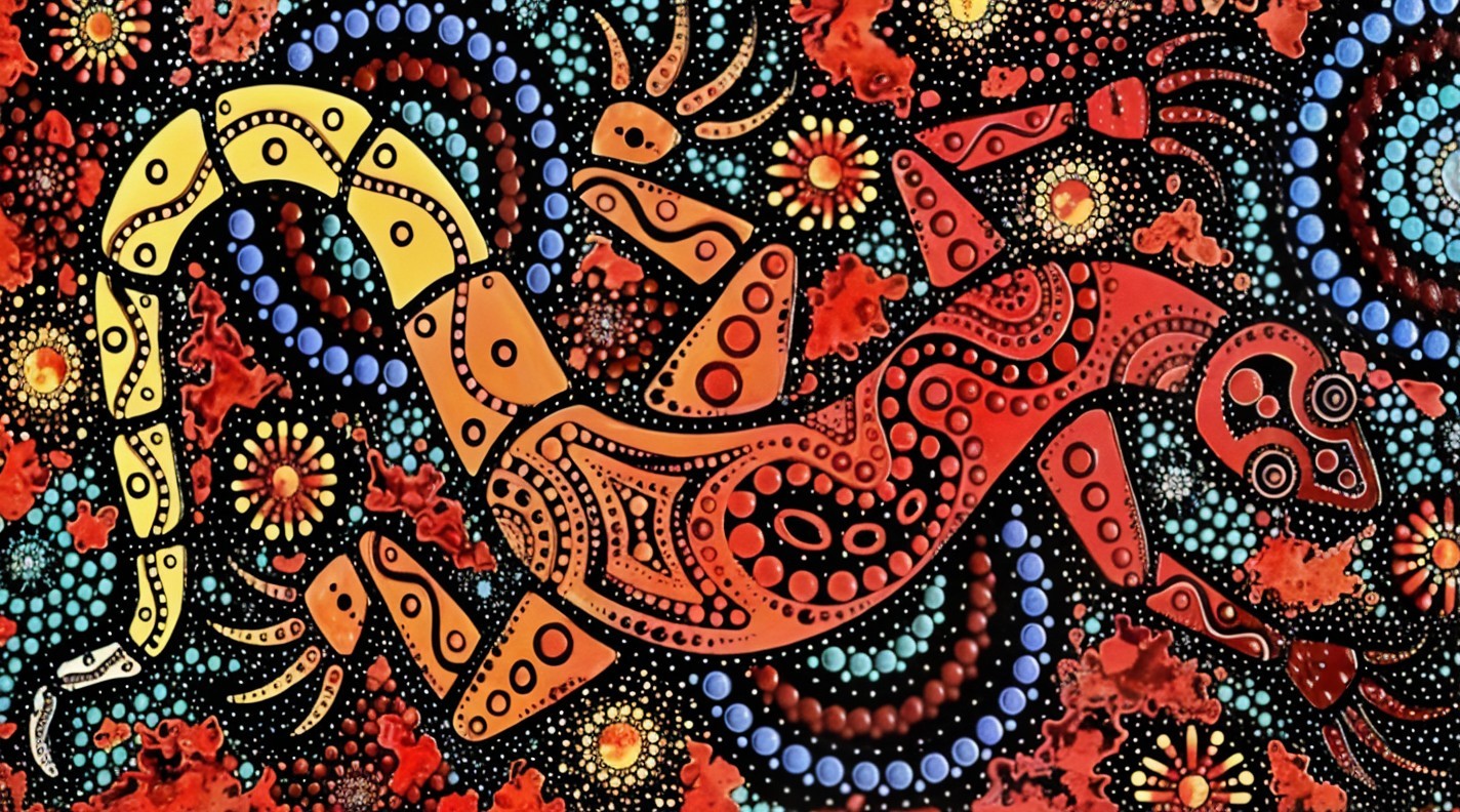 Vibrant Abstract Design with Lizard and Floral Patterns