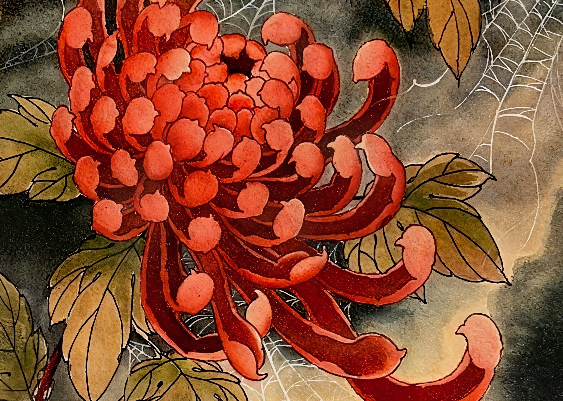 Vibrant Red Chrysanthemum with Green Leaves and Webs