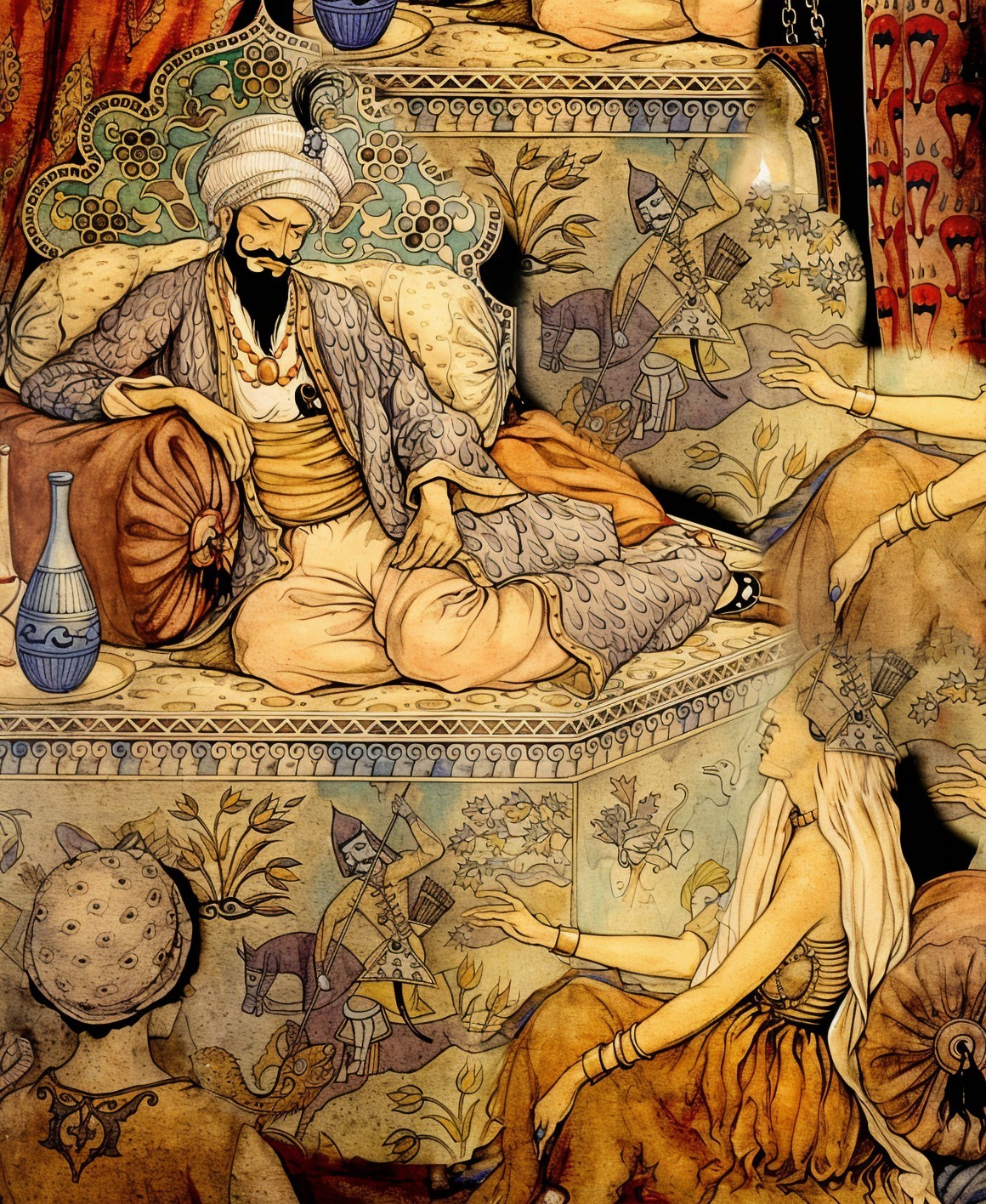 Regal Scene with King on Ornate Throne and Figures