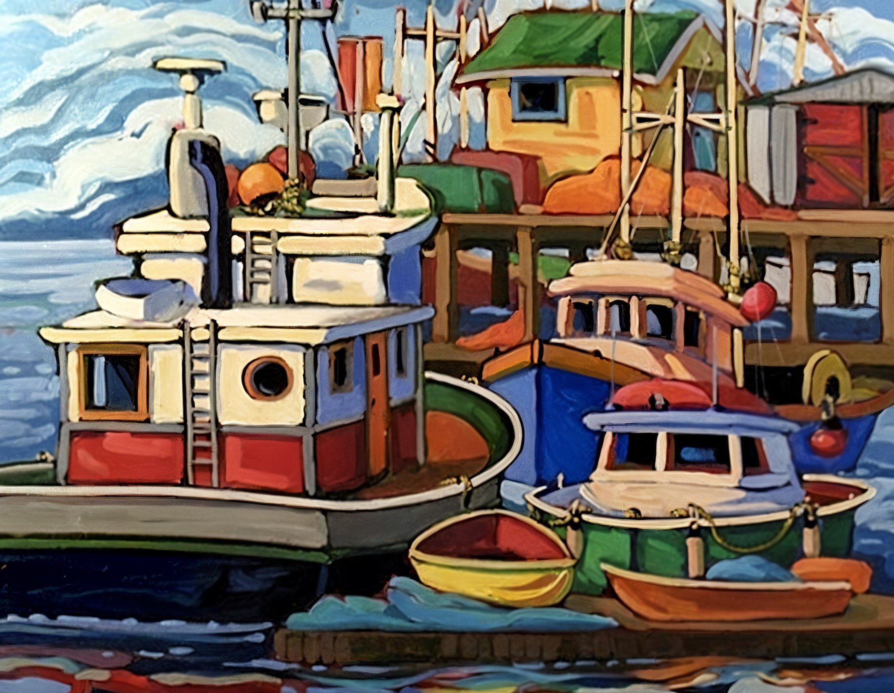 Vibrant Harbor Scene with Colorful Boats and Tugboat