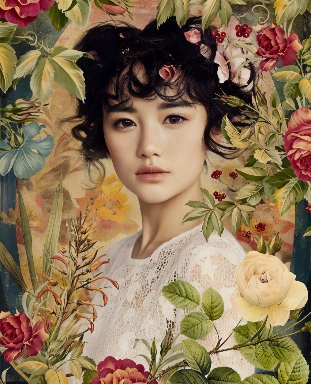 Young woman with flowers in a vibrant floral setting
