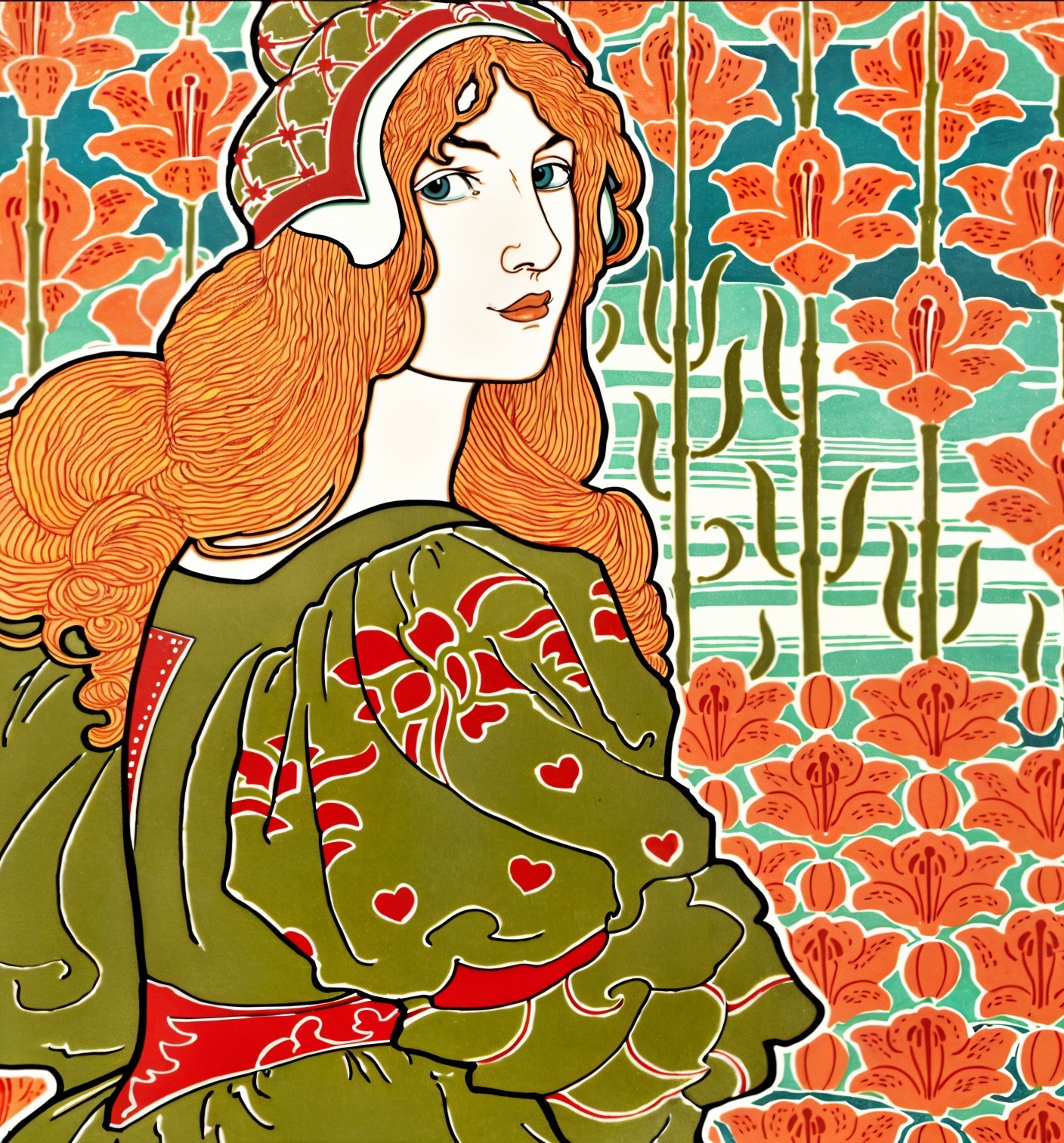 Stylized Woman in Green Dress with Floral Patterns