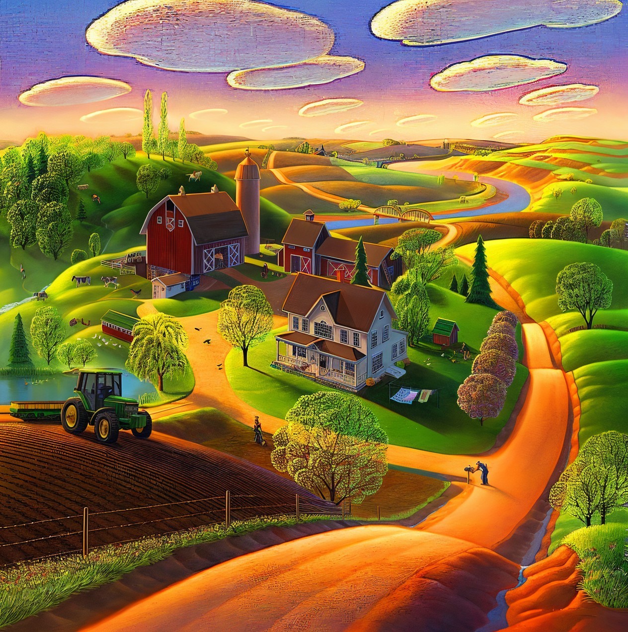 Vibrant Countryside Landscape with Farmhouse and Barn