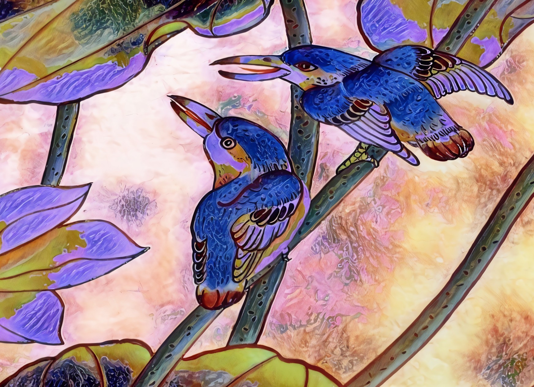 Vividly Colored Birds on Bamboo with Lush Greenery