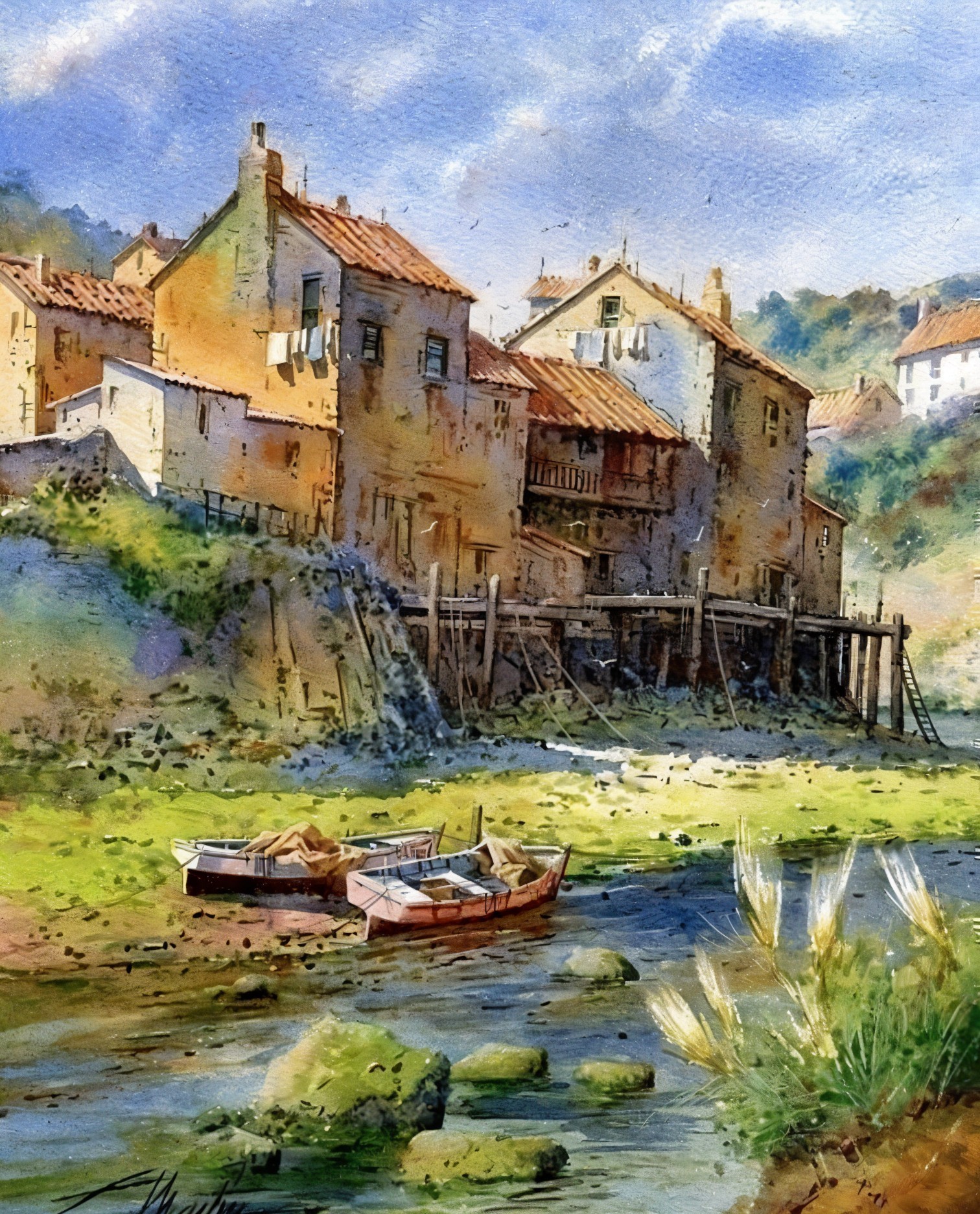 Serene Waterfront Scene with Weathered Buildings and Boats