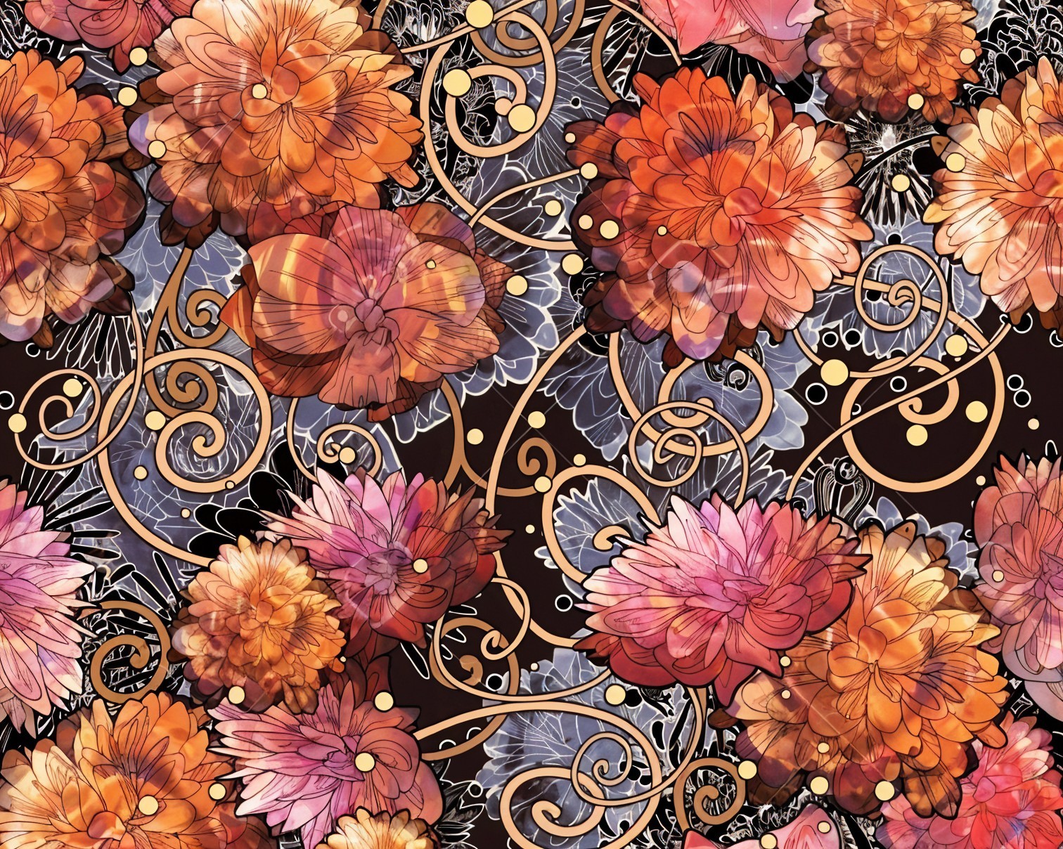 Vibrant Floral Pattern with Warm Hues and Intricate Lines