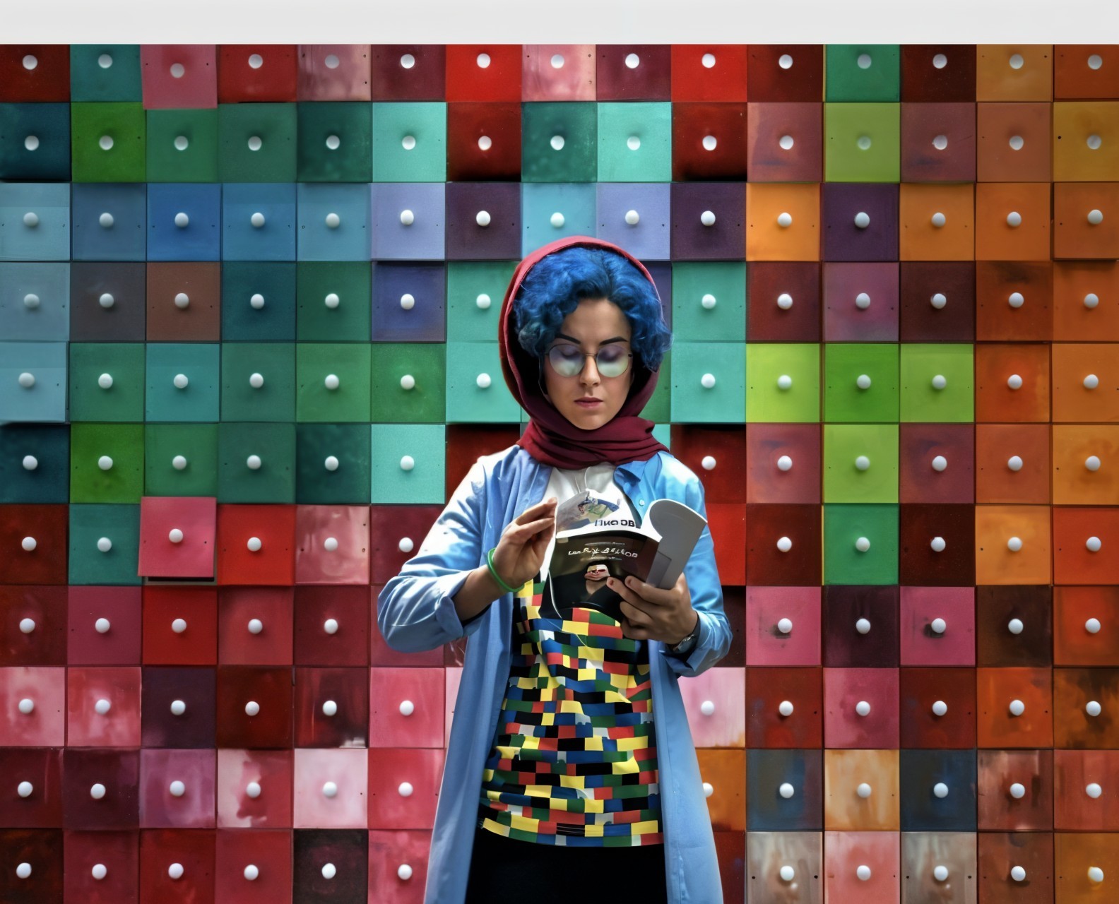 Young woman with blue hair in front of colorful drawers
