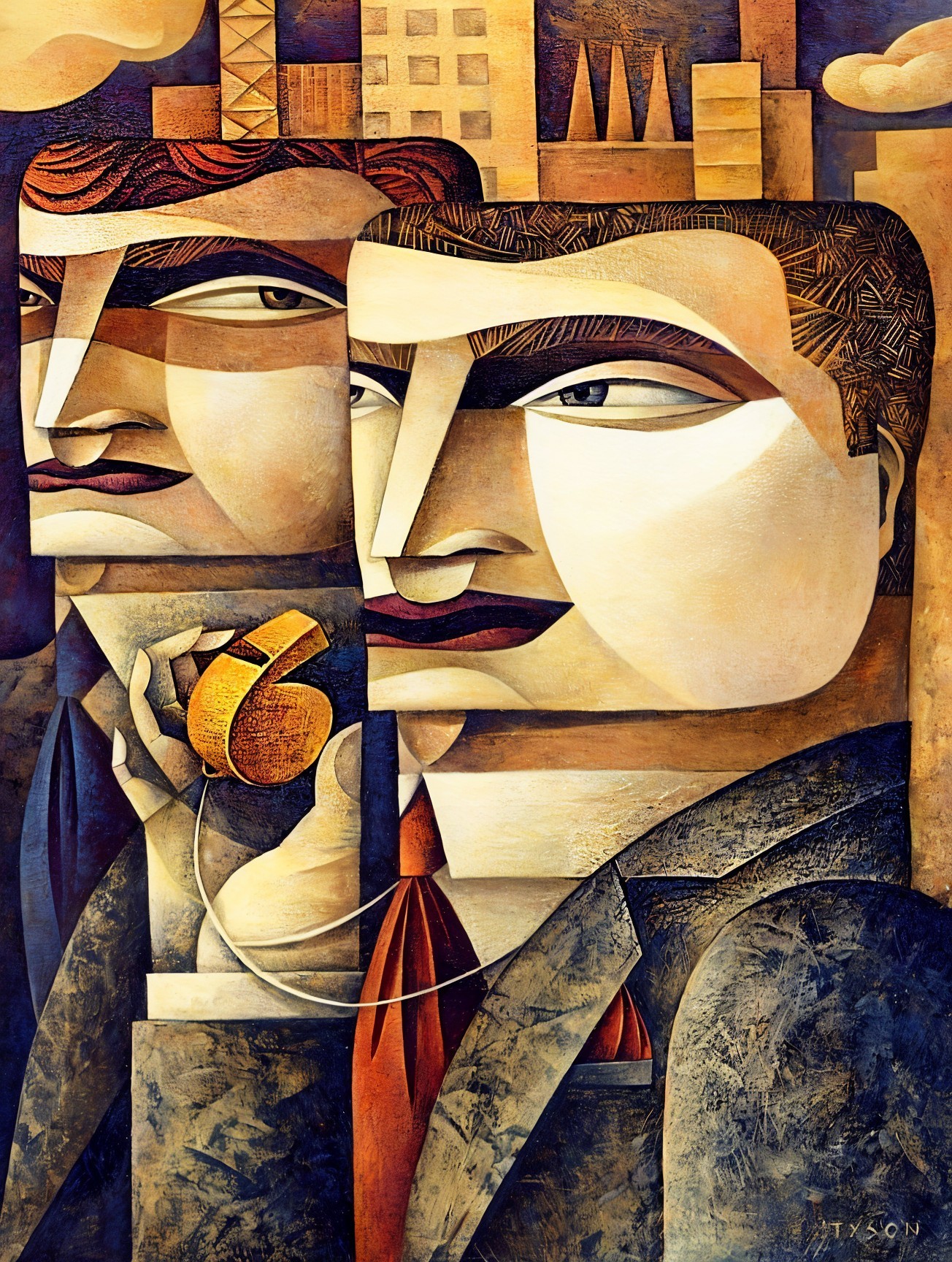 Stylized Geometric Artwork of Two Men with Telephone