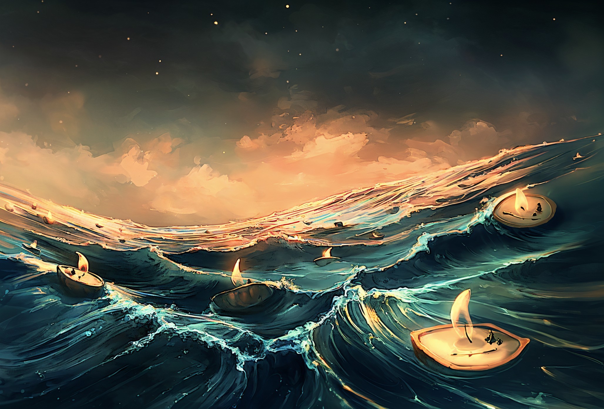 Candlelit Boats on a Twilight Seascape with Waves