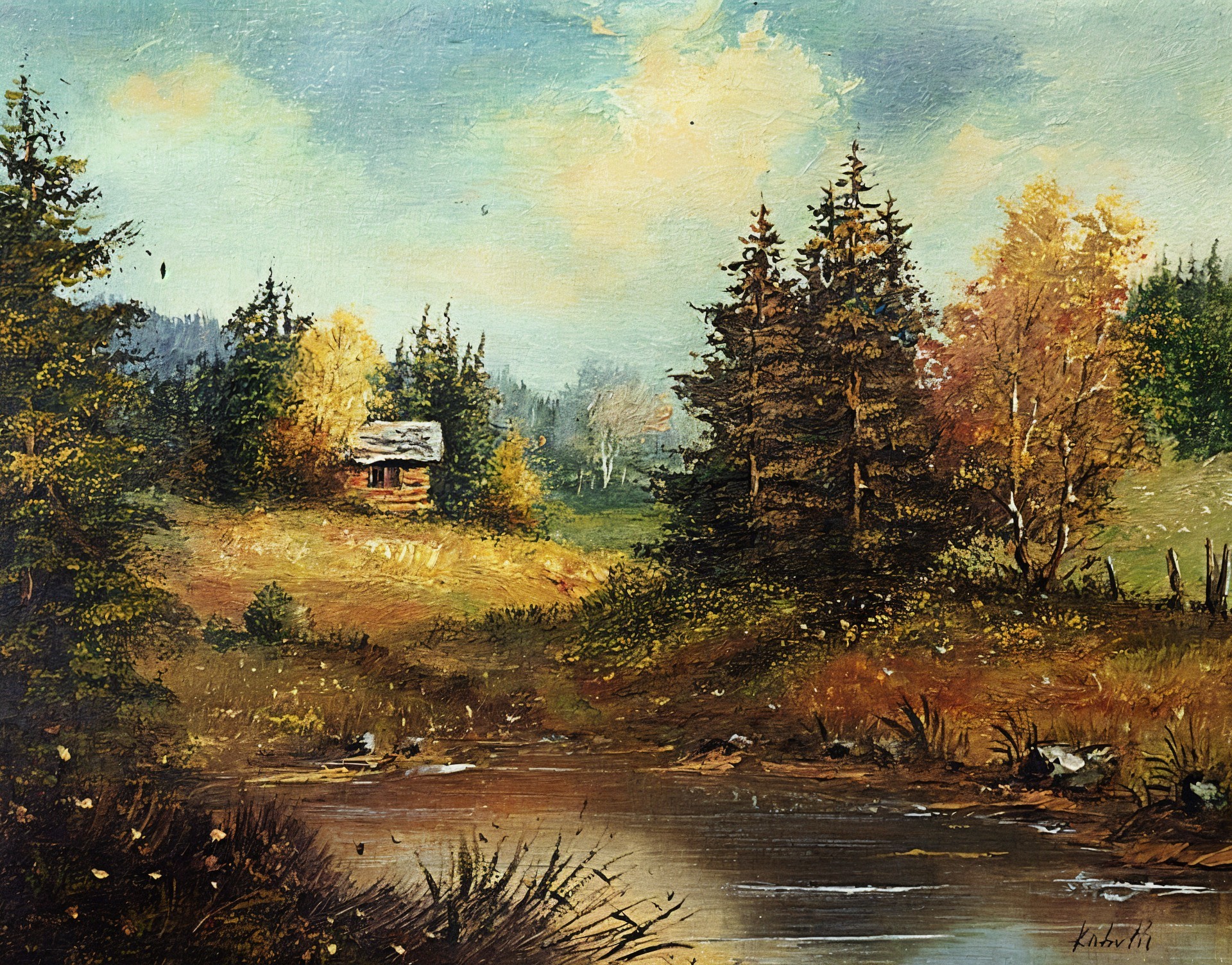 Serene Landscape with Rustic Cabin and Autumn Foliage