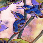 Vividly Colored Birds on Bamboo with Lush Greenery