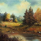 Serene Landscape with Rustic Cabin and Autumn Foliage