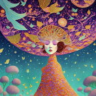 Whimsical Figure with Tree Canopy Headdress Under Stars