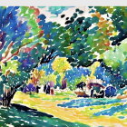 Lush Park Scene with Trees and Horse-Drawn Carriage