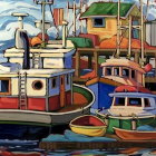 Vibrant Harbor Scene with Colorful Boats and Tugboat