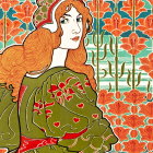 Stylized Woman in Green Dress with Floral Patterns