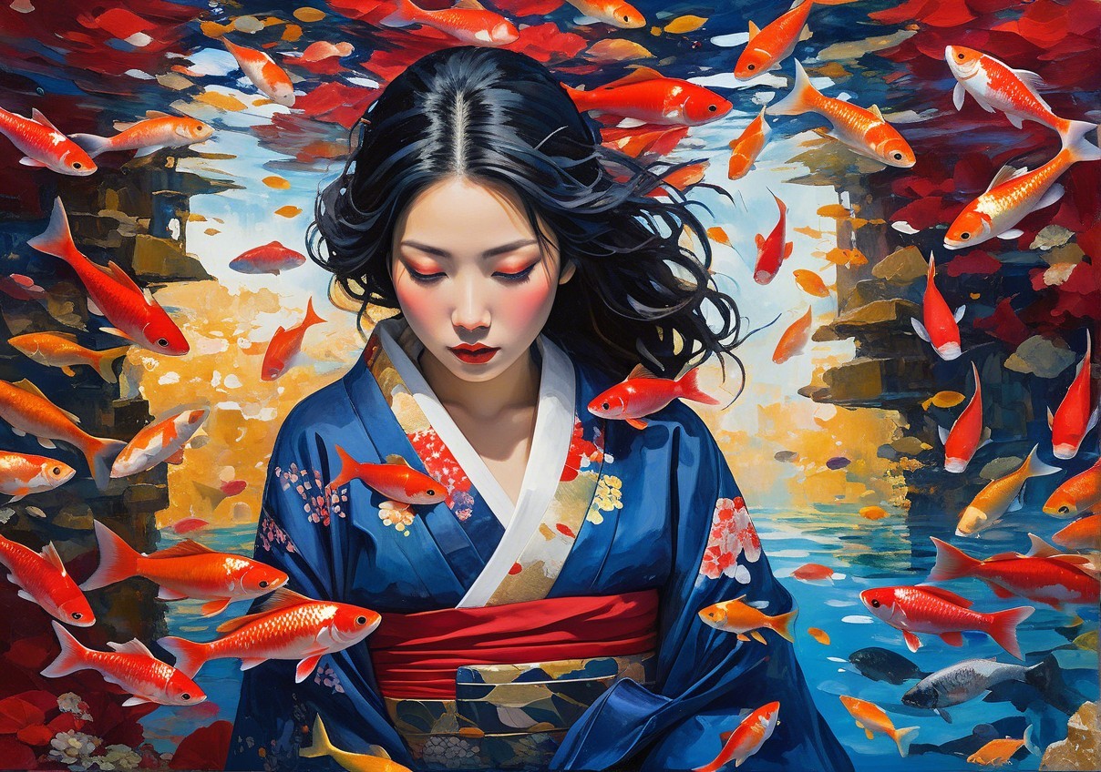 Contemplative Woman in Kimono with Koi Fish