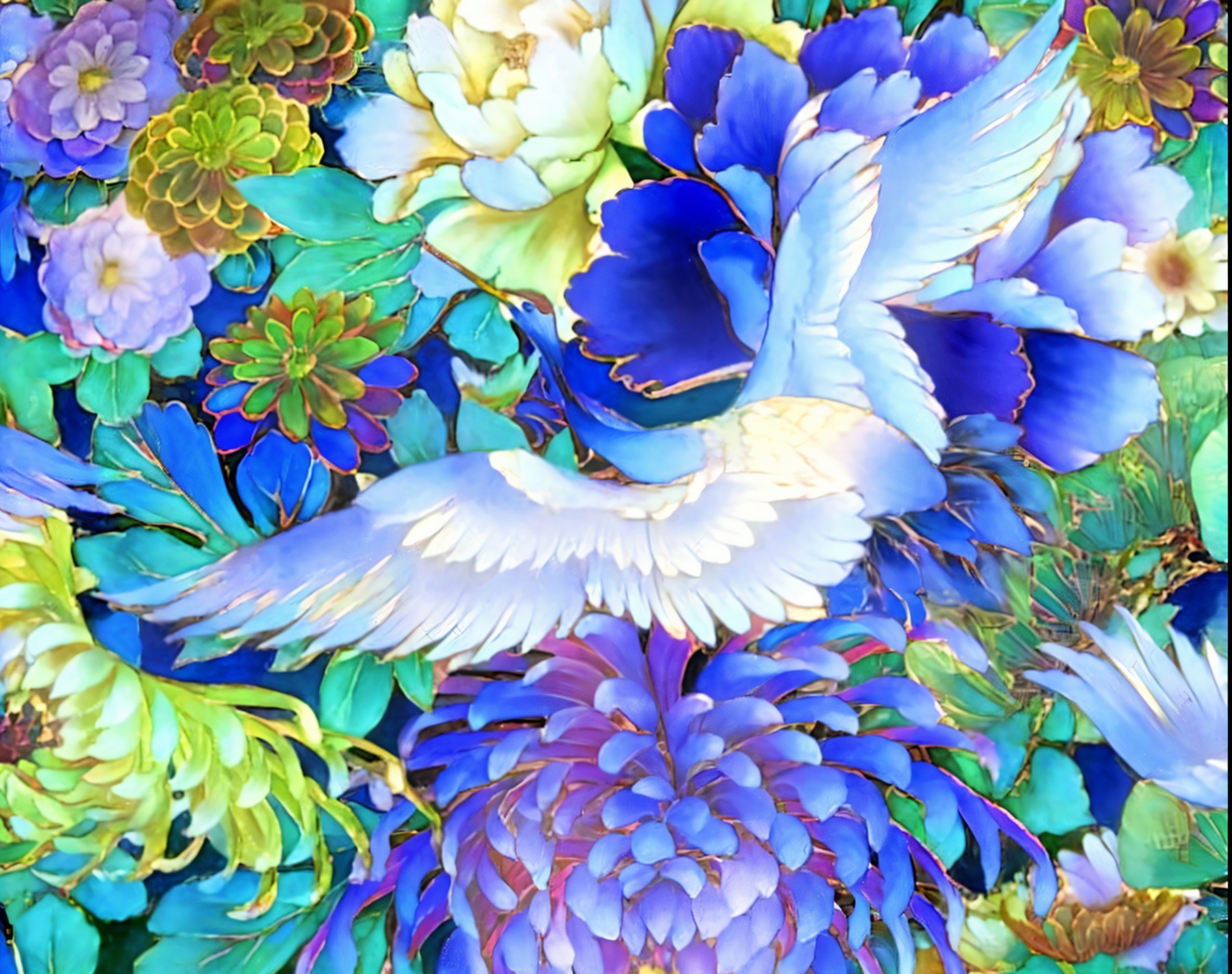 Colorful Floral Collage with Soaring White Bird