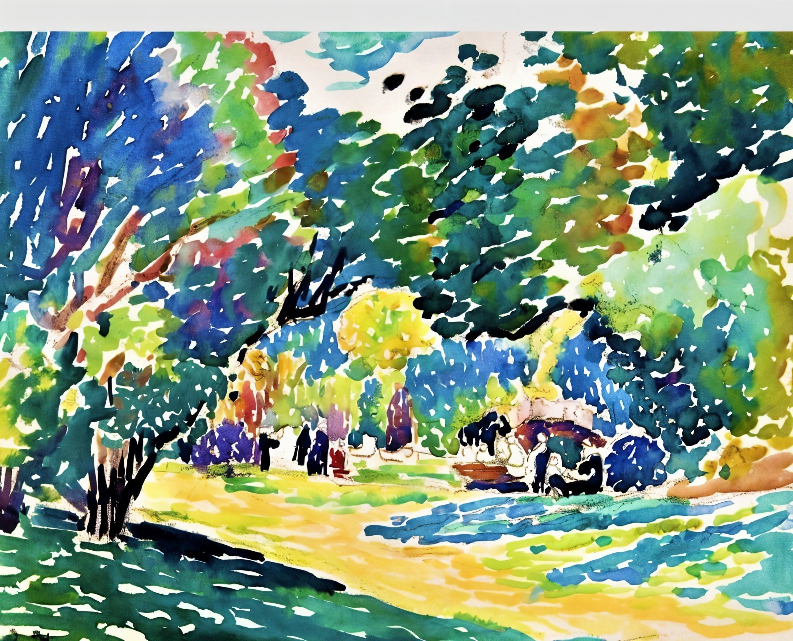 Lush Park Scene with Trees and Horse-Drawn Carriage