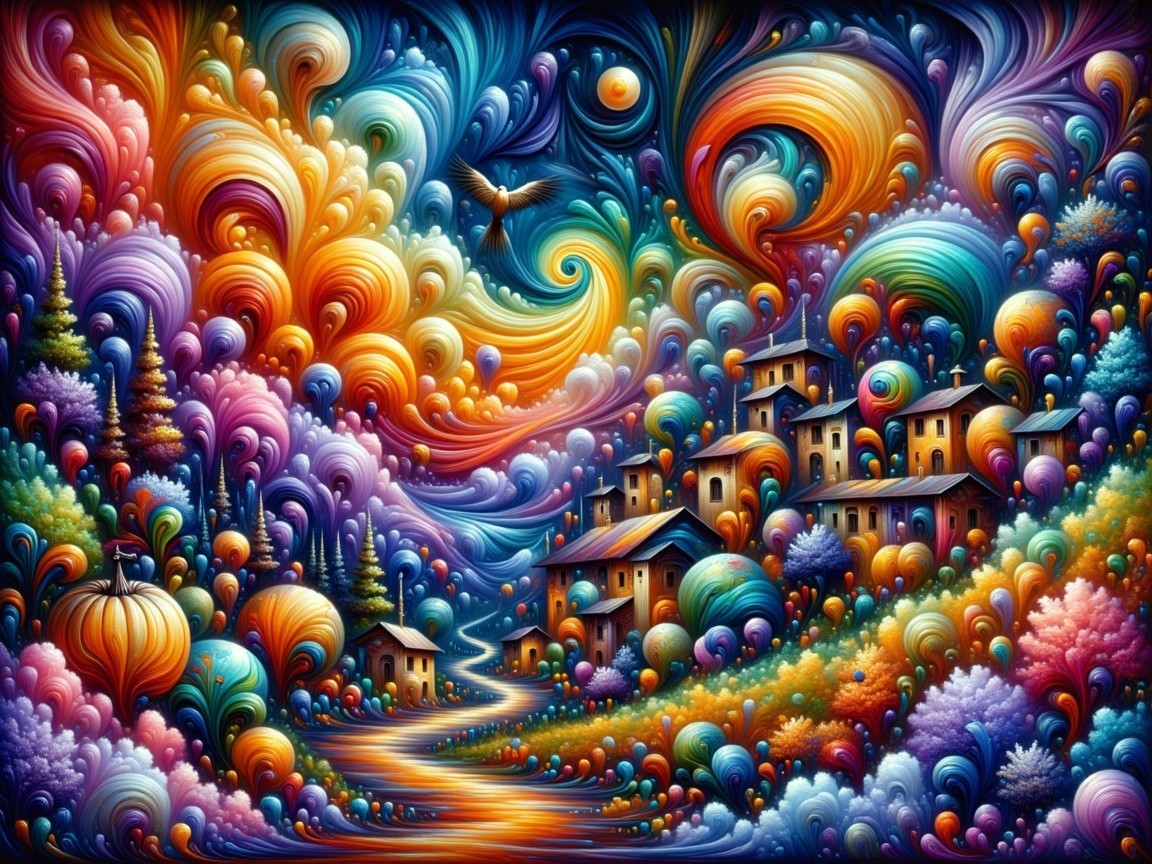 Vibrant Swirling Landscape with Whimsical Houses