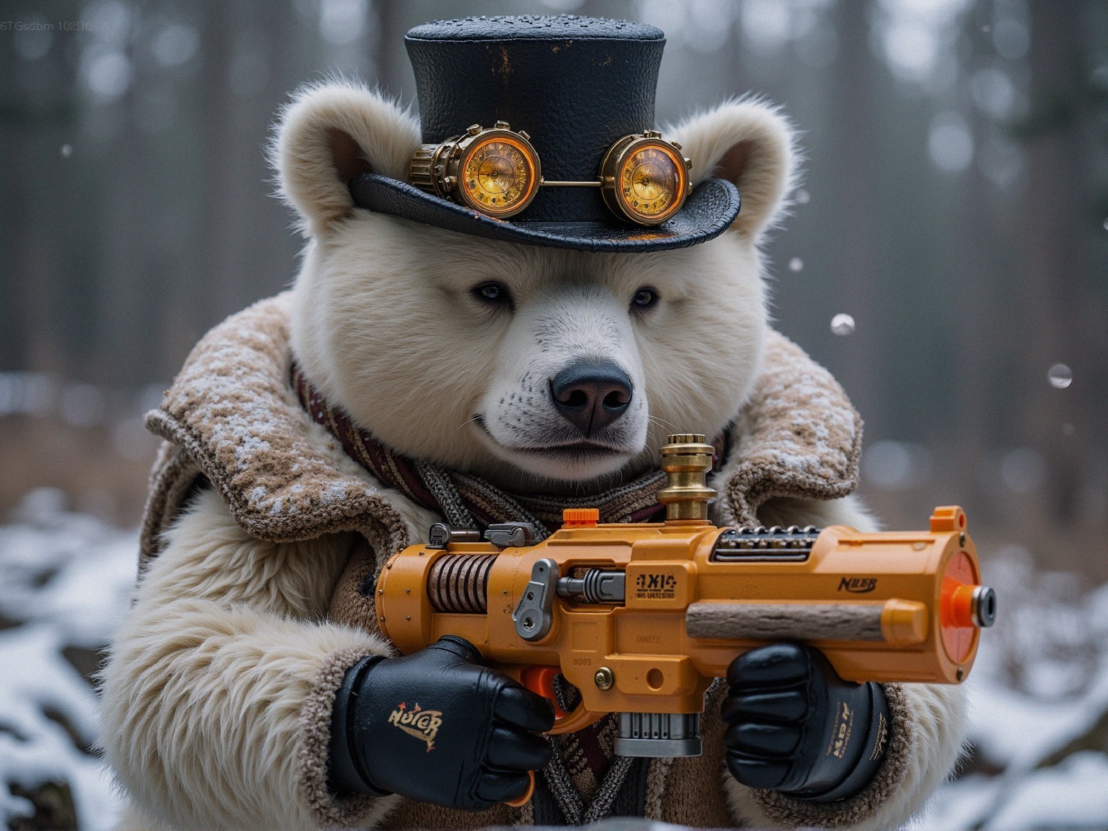 Whimsical Polar Bear in Steampunk Outfit in Snowy Forest