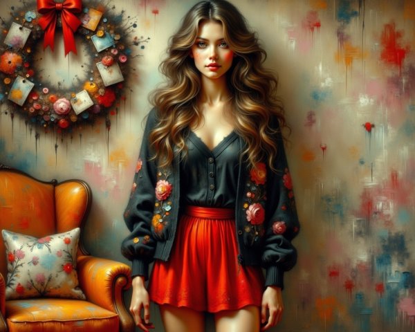 Young Woman in Floral Setting with Vintage Chair