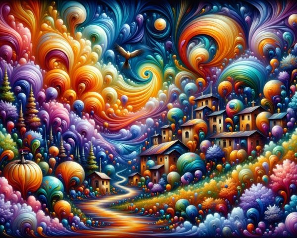 Vibrant Swirling Landscape with Whimsical Houses