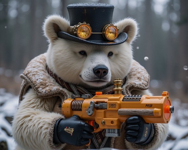 Whimsical Polar Bear in Steampunk Outfit in Snowy Forest