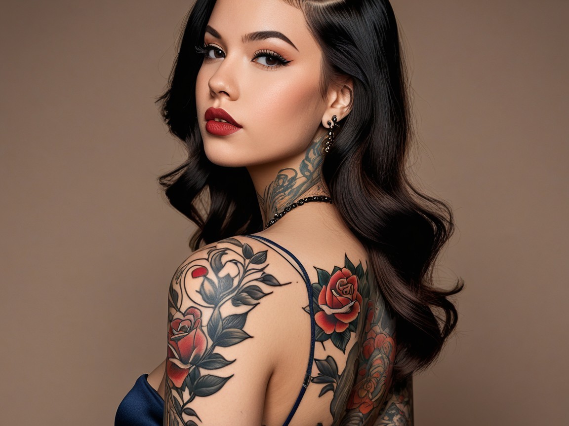 Young woman with elegant hairstyle and bold makeup