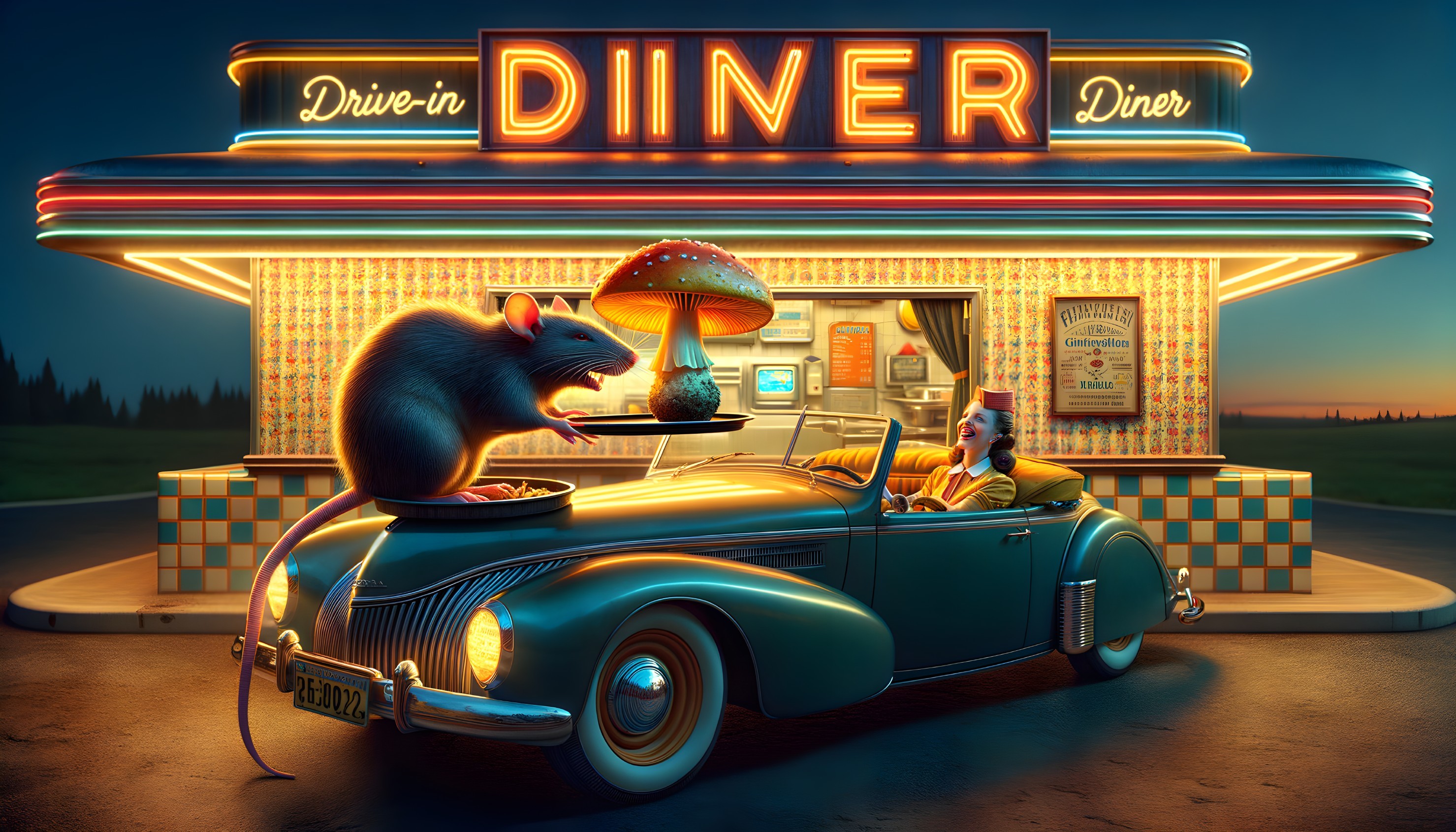 Whimsical Retro Drive-In Diner with Neon Lights