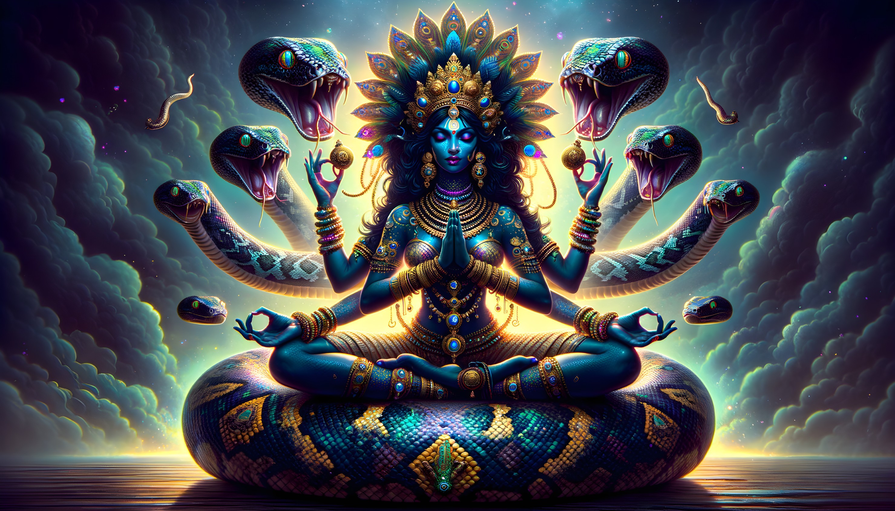 Depiction of a serene deity on a large snake