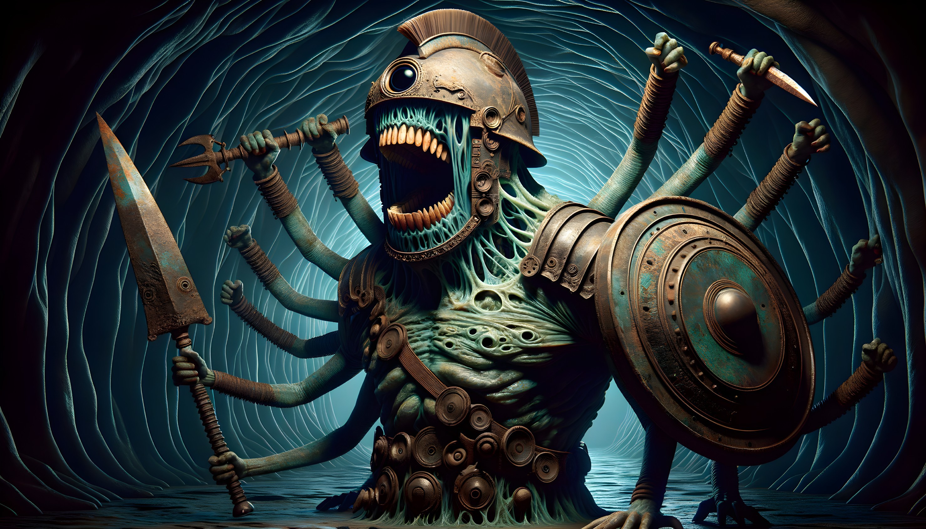 Monstrous multi-armed creature in dark mythology setting