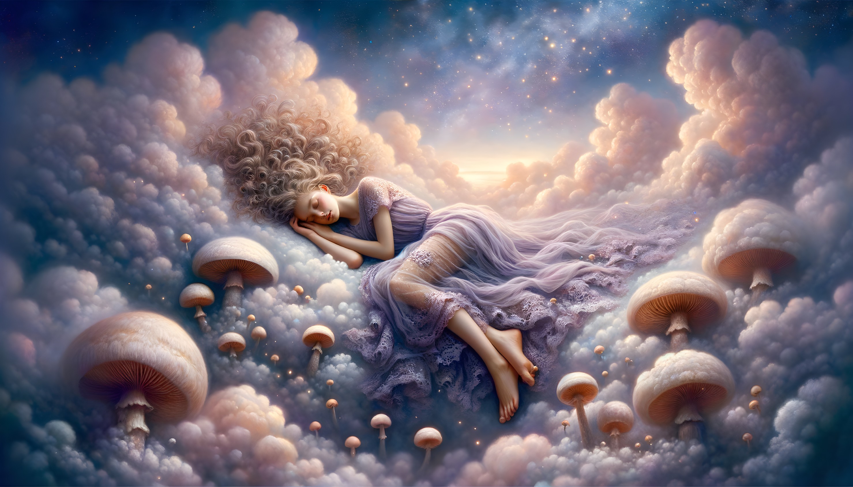 Serene Dreamscape with Woman on Cloudy Bed