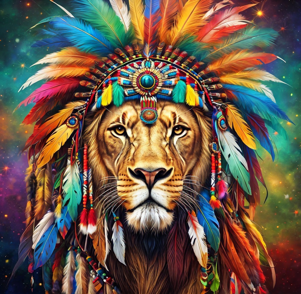 Vibrant lion with Native American headdress on starry backdrop