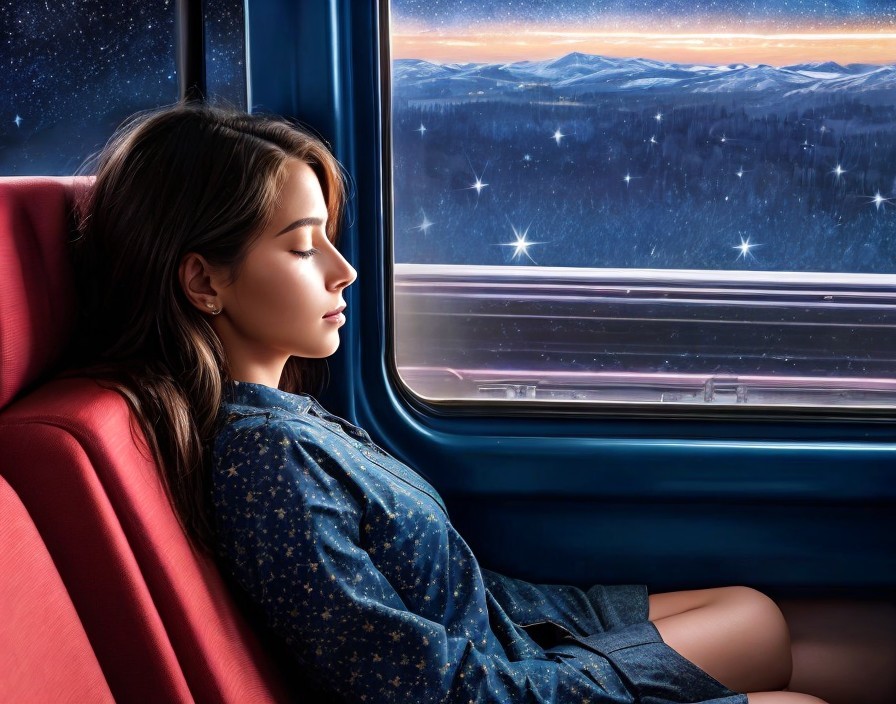 Woman sleeping against train window with night sky and mountain landscape
