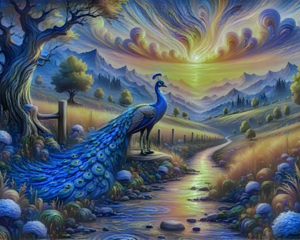Majestic Peacock by Serene Stream at Sunset