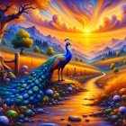 Majestic Peacock by Serene Stream at Sunset