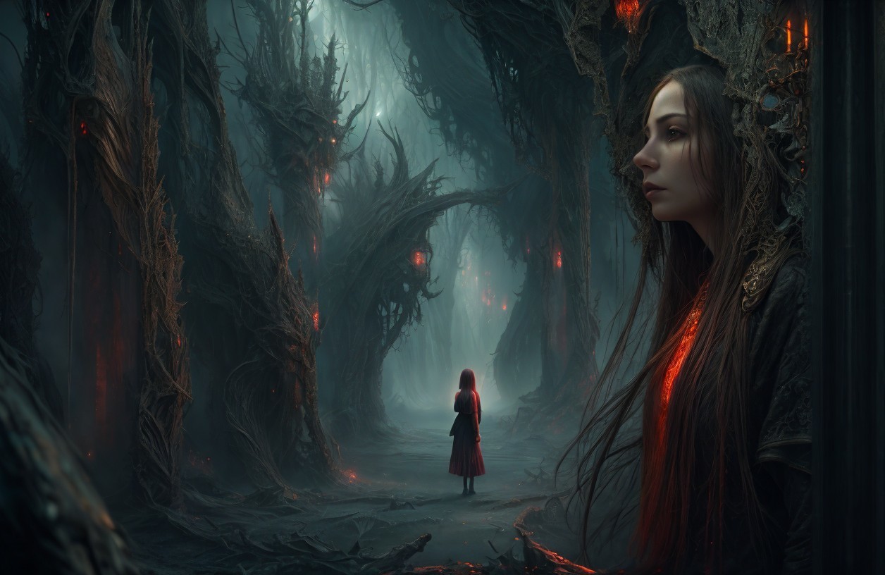Dark-haired woman in eerie forest with red lanterns and twisted trees.