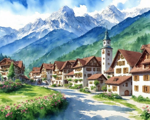 Picturesque Village in a Lush Green Valley Landscape