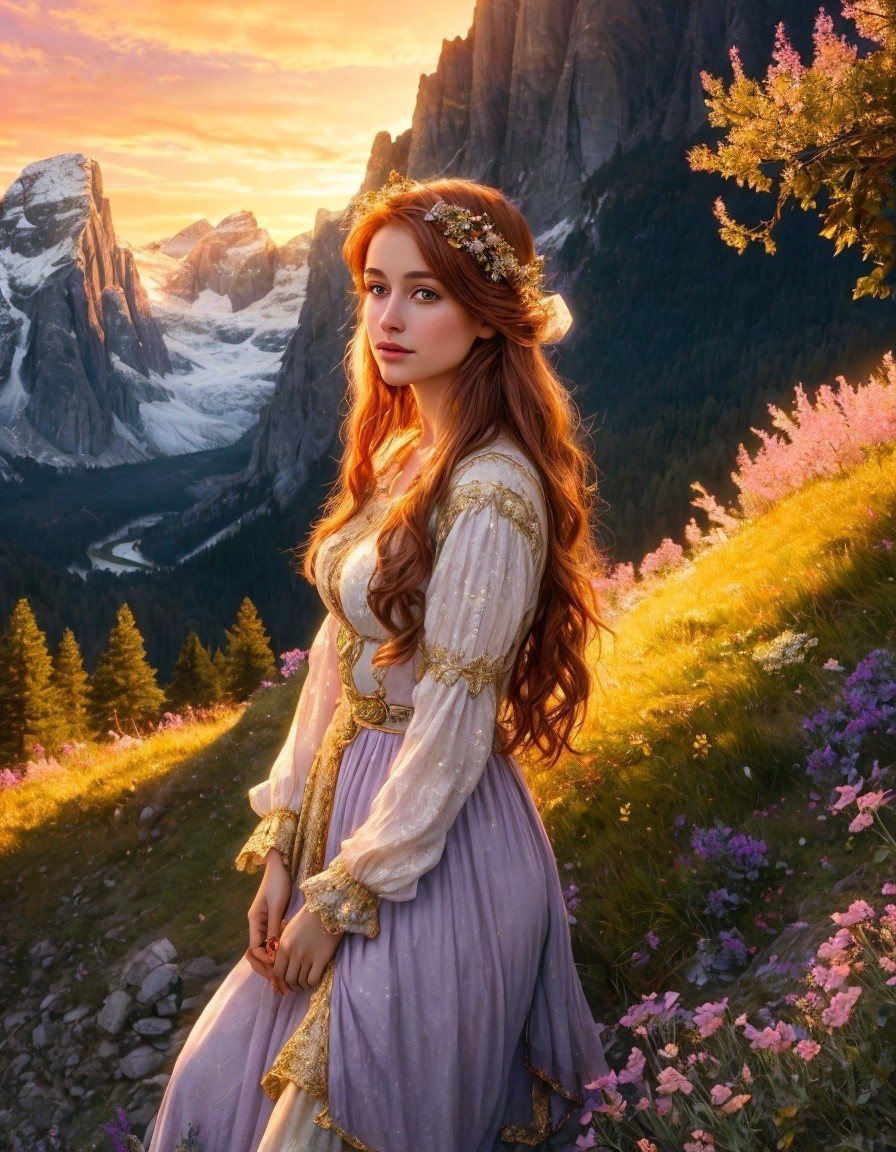 Medieval woman in floral crown against sunset mountains