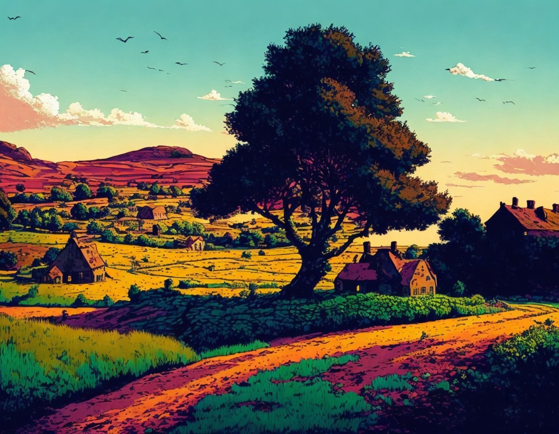 Vibrant Rural Landscape with Tree and Sunset Sky