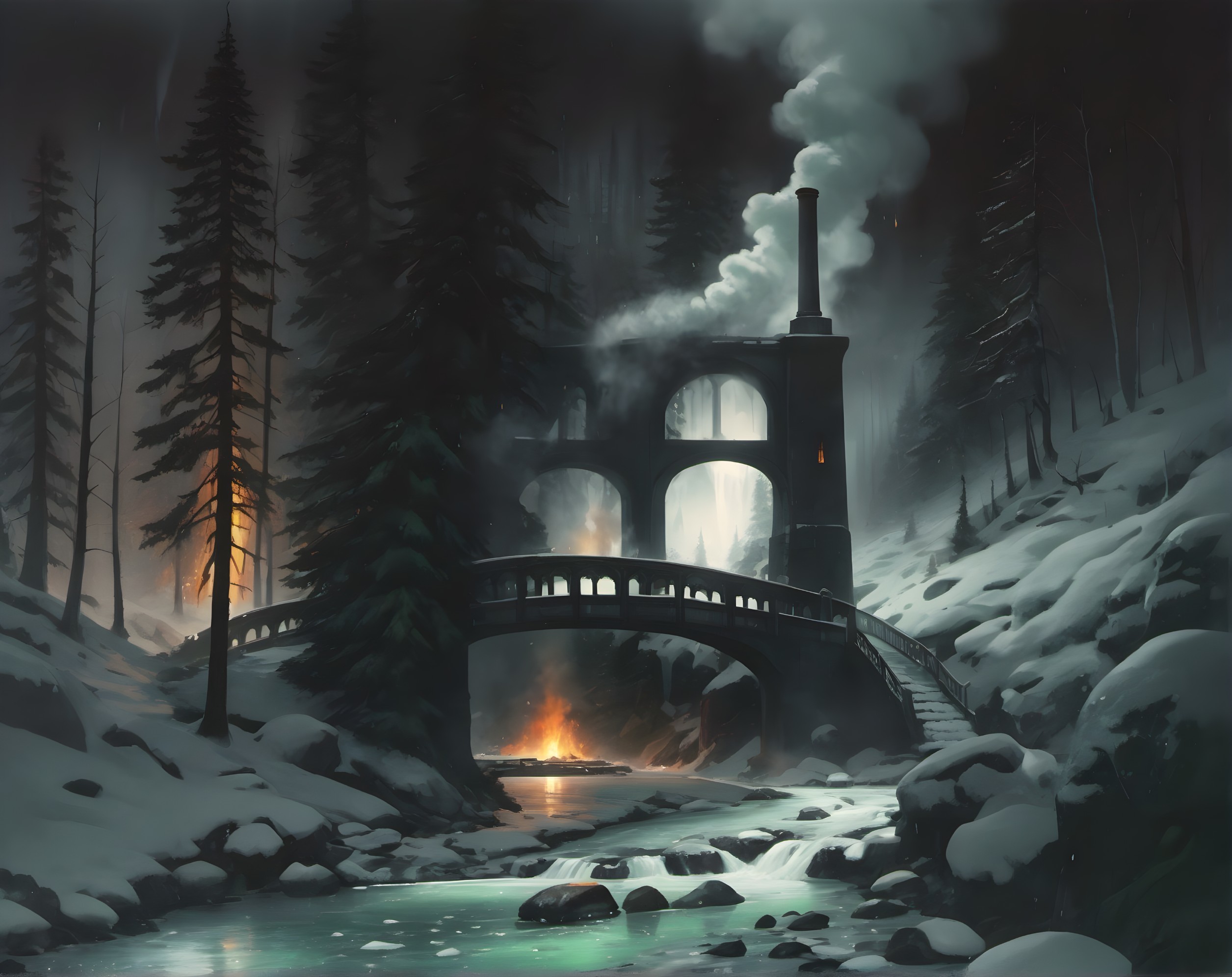 Steam locomotive crossing snowy bridge in wintry forest at night with warm glow and campfire