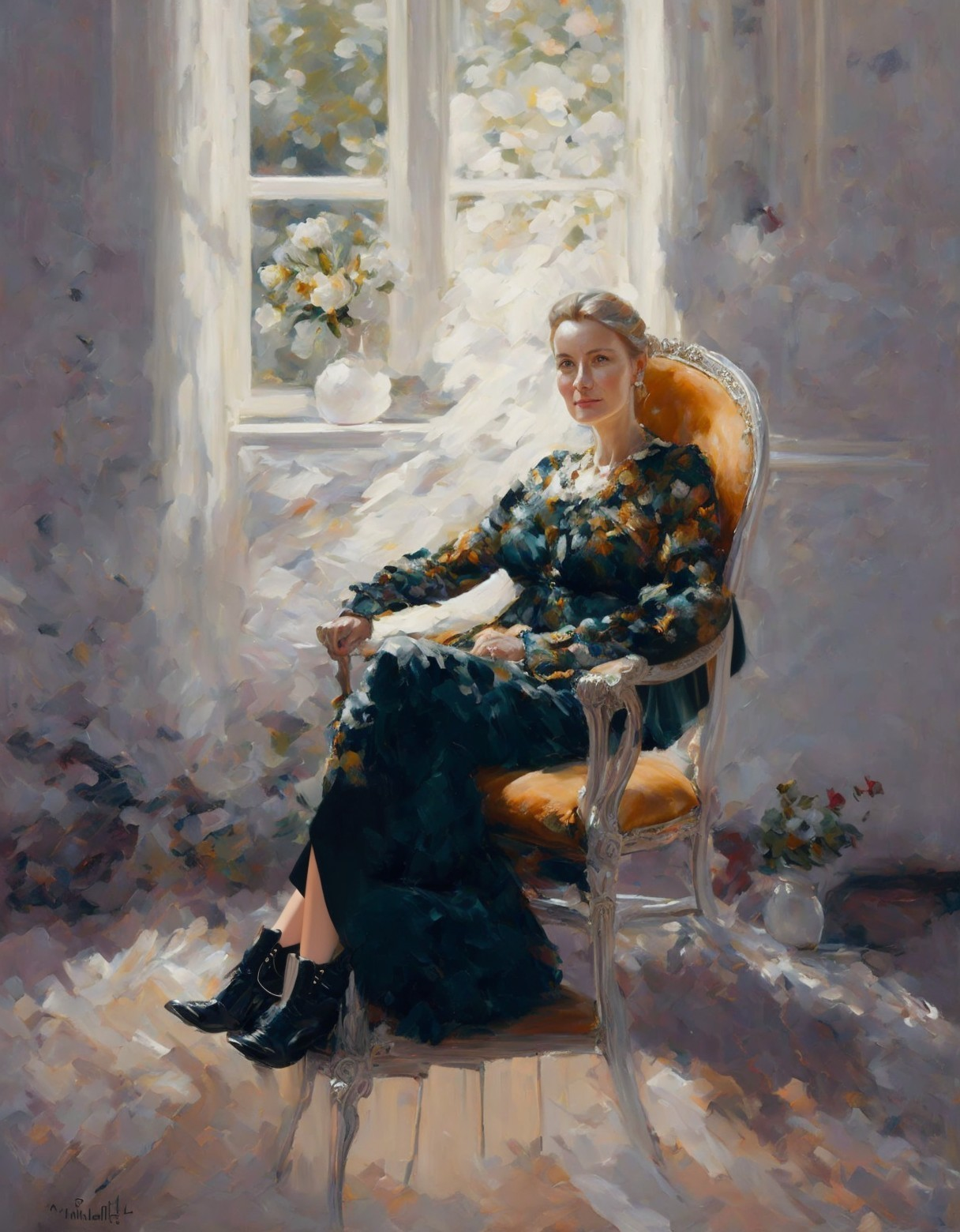 Woman in Patterned Sweater and Black Boots Sitting on Vintage Chair by Window with Flowers
