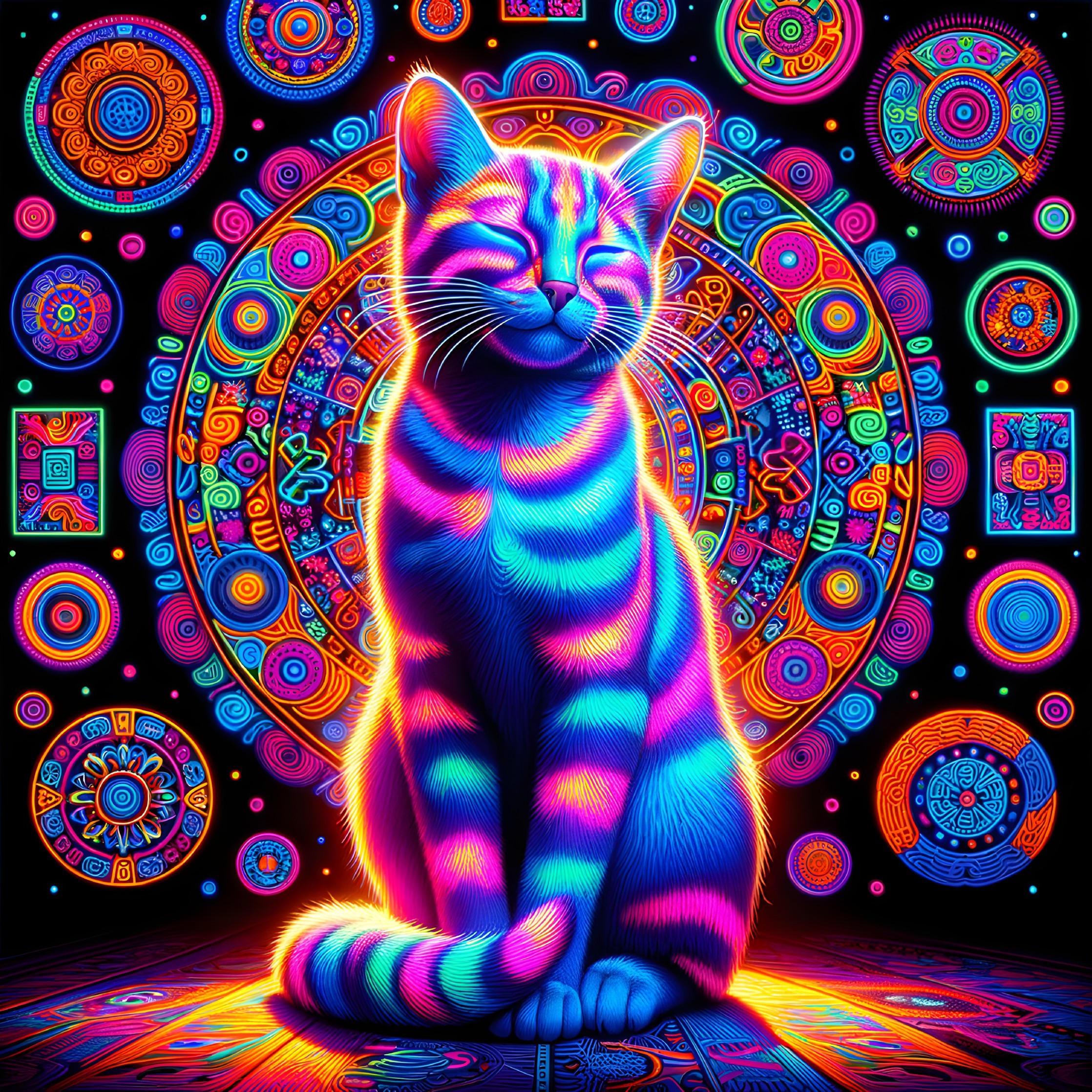 Vibrant Digital Cat with Colorful Patterns Background