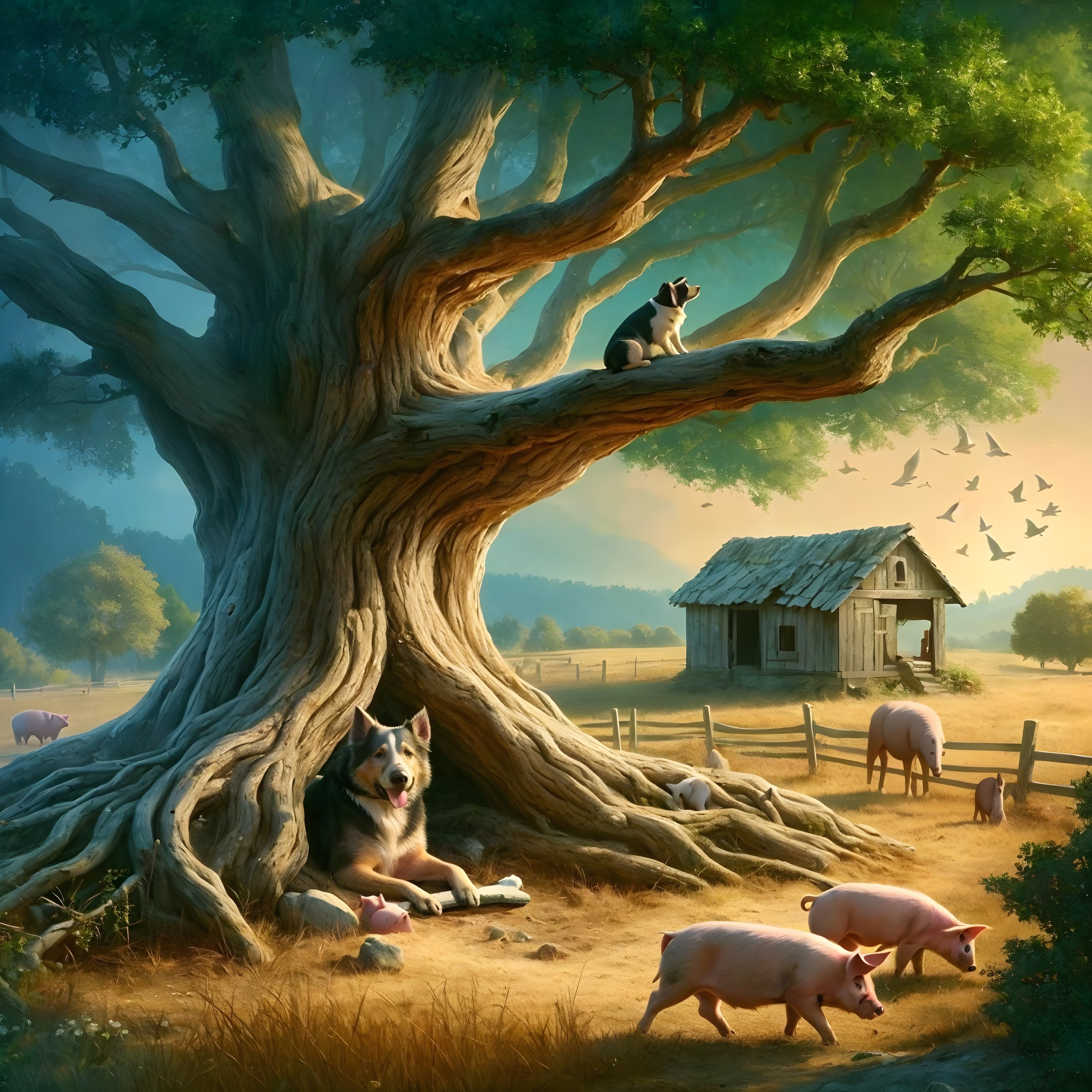 Rural farm landscape with animals, barn, and majestic tree