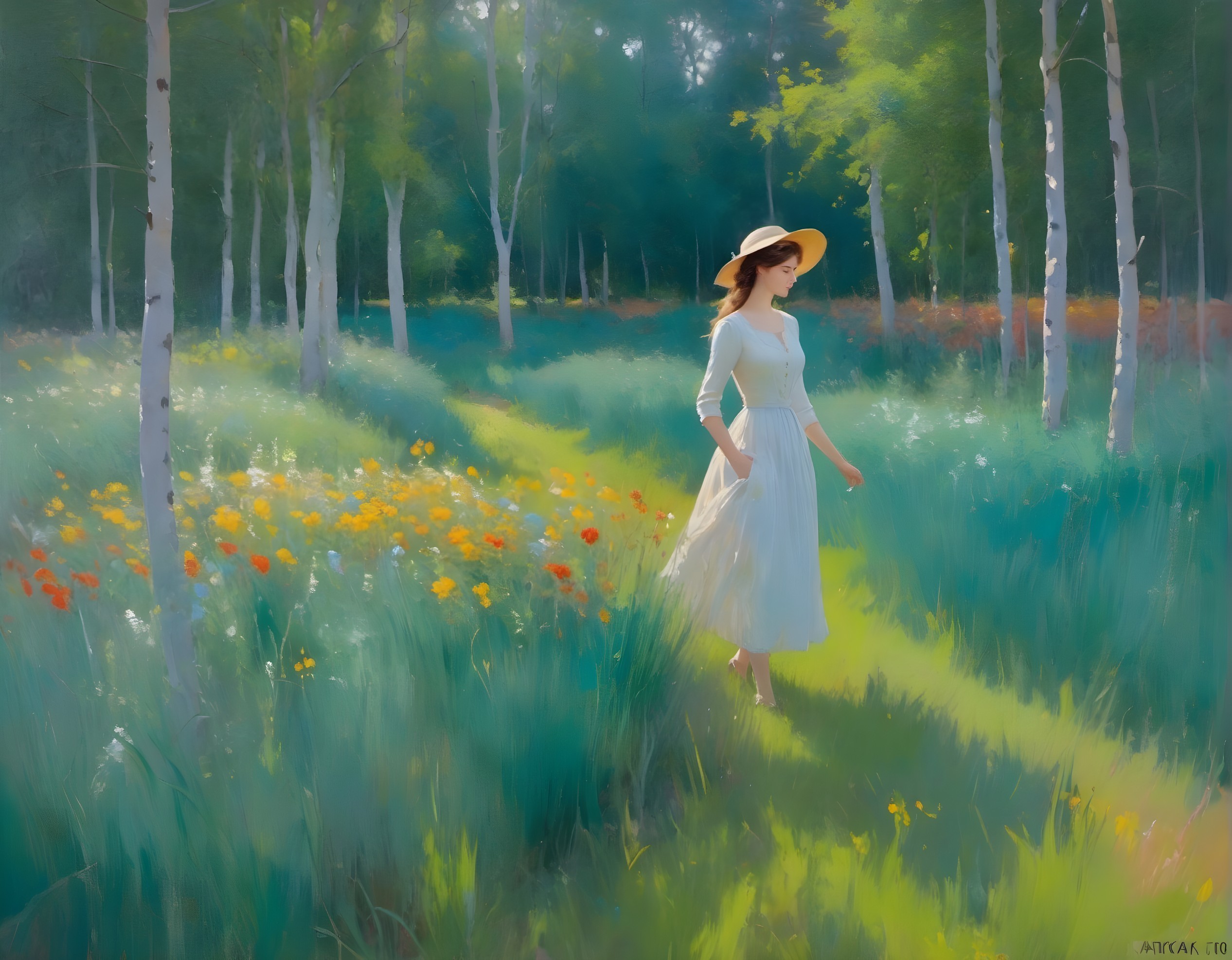 Woman in white dress walking through sunlit meadow