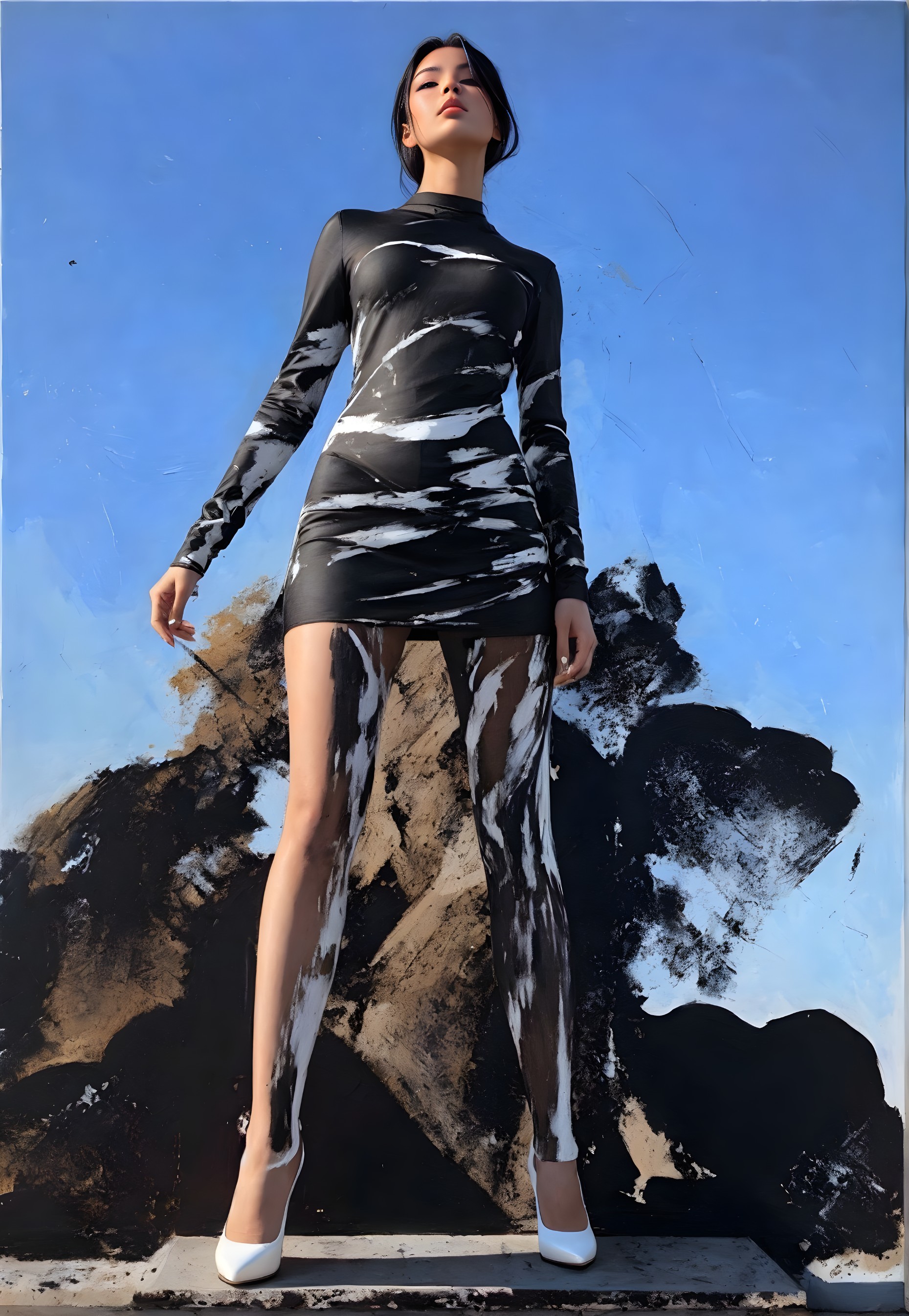 Person in Black-and-White Dress with Abstract Background