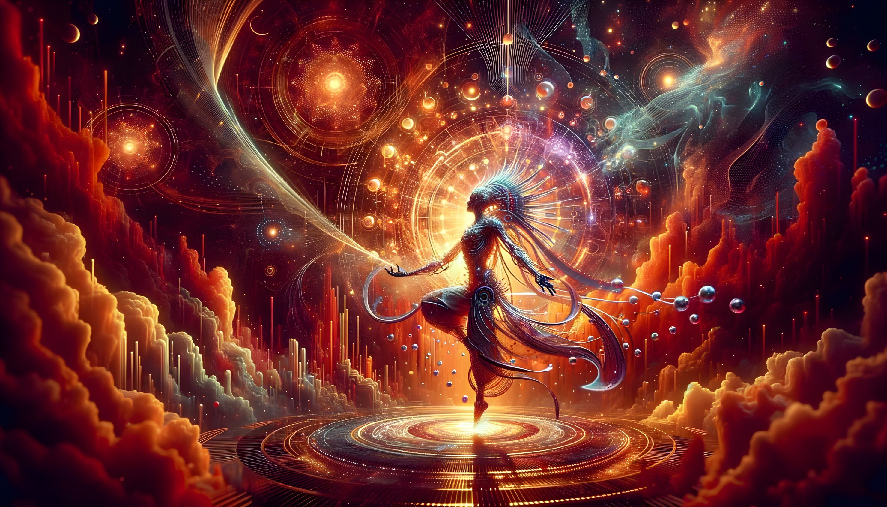 Cosmic humanoid figure in vibrant digital art piece