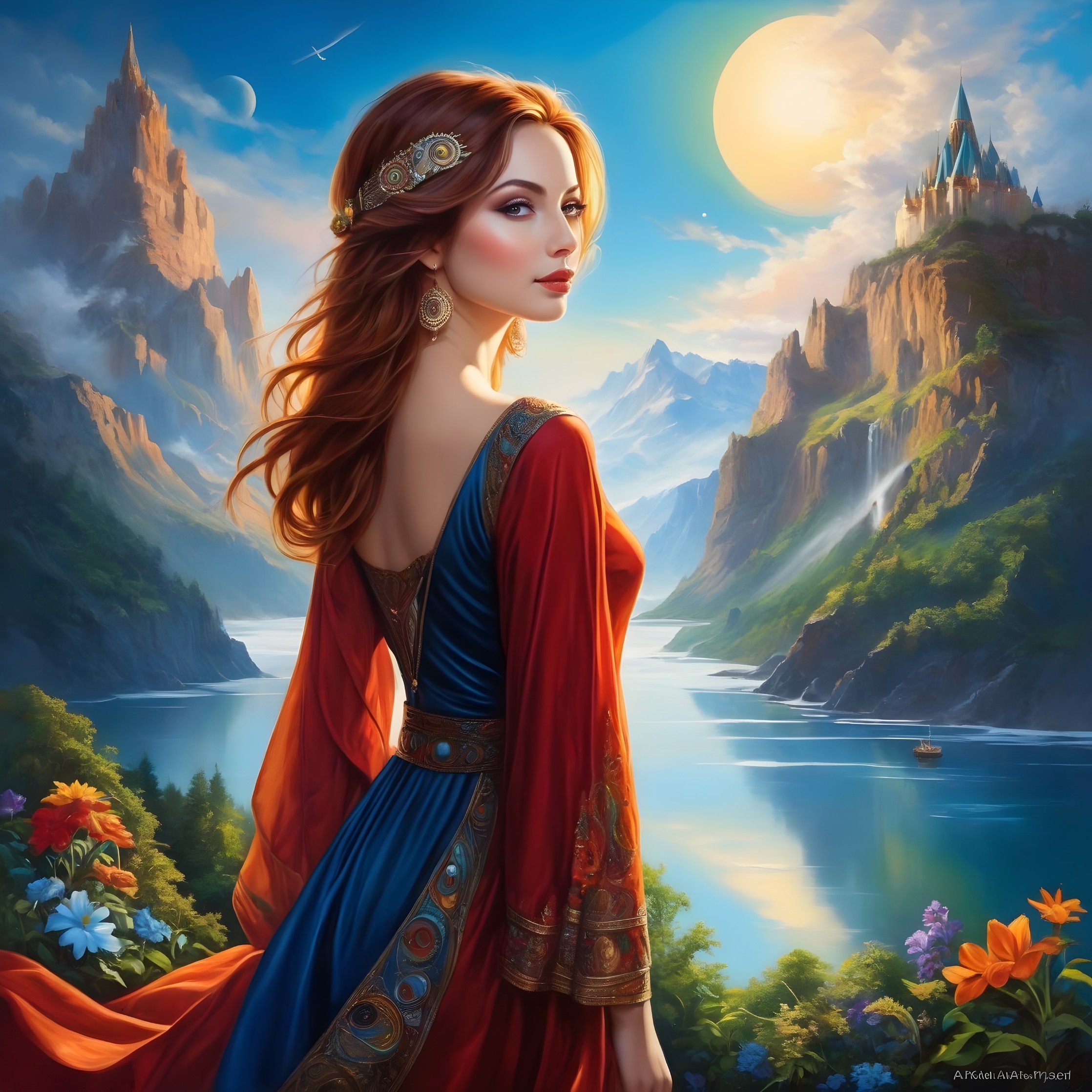 Digital Artwork of Woman in Medieval Attire at Sunset