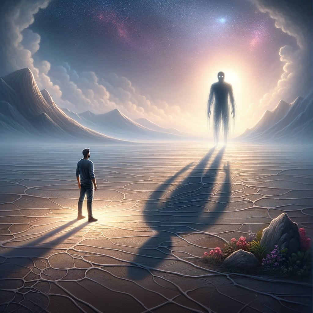 Person standing on cracked earth facing giant ethereal figure under twilight sky